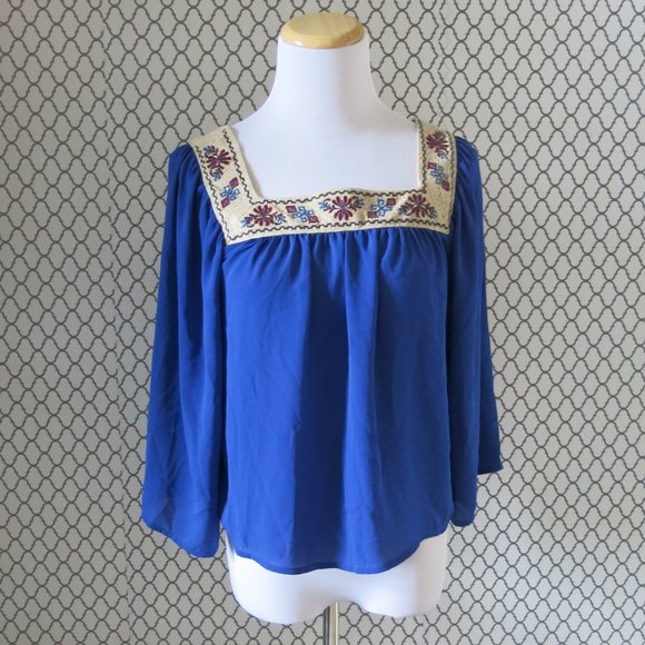 Flying Tomato Blue 3/4 Sleeve Embroidered Neck Detailed Top Blouse - Size XS - Picture 3 of 7